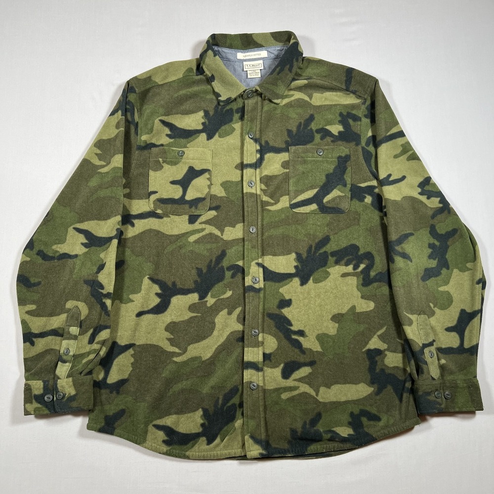 LL Bean Mens Large Fleece Shirt Camo Slightly Fitted Button Up Green 298261